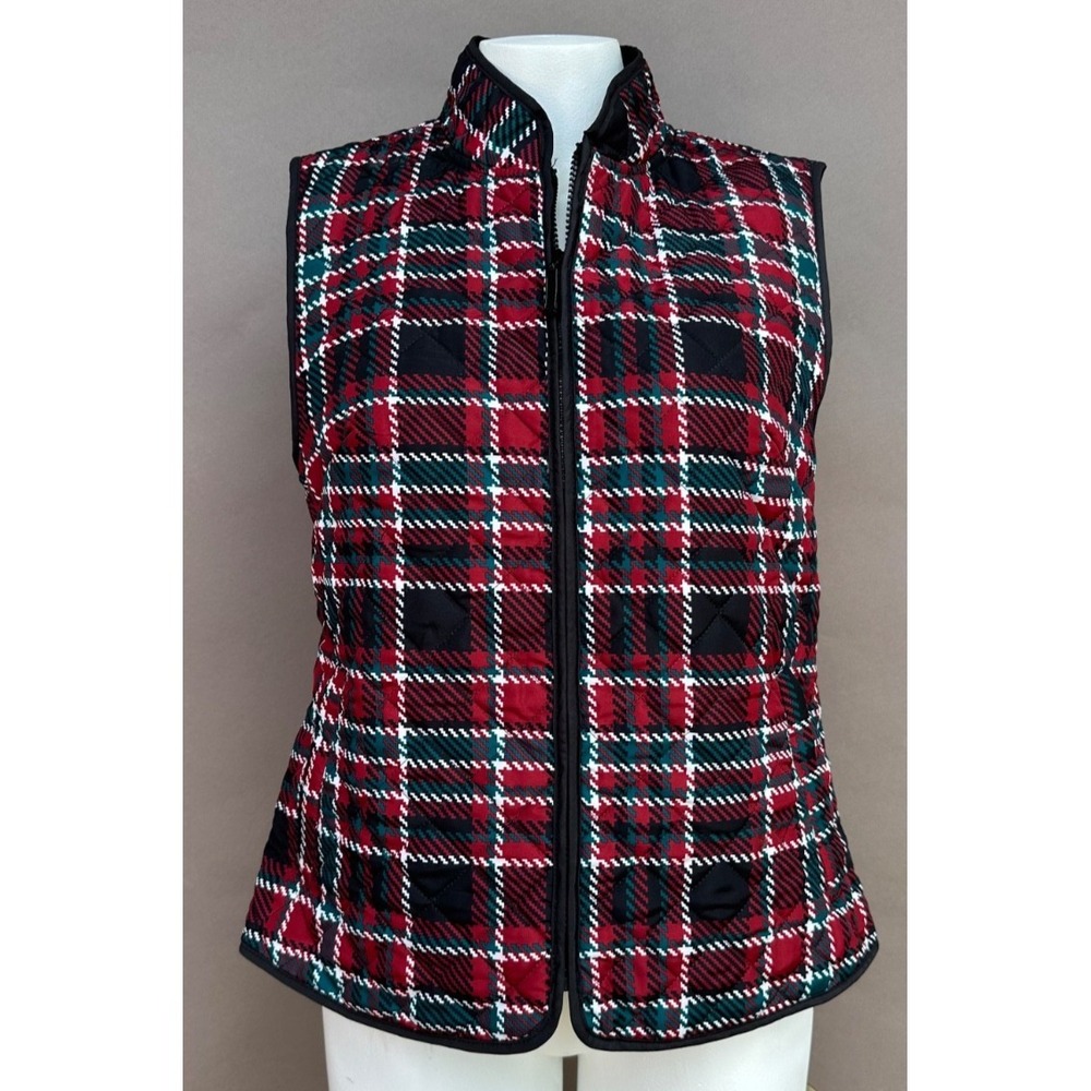 Tog Shop Puffer Vest M Red Black Plaid Quilted Zip Pockets Tartan Lightweight